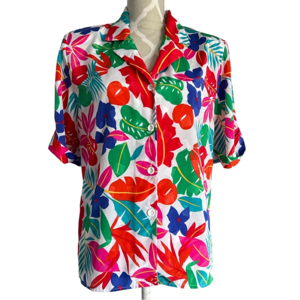 💕 Vintage Elite Canada Short Sleeve Colourful Floral Women's Blouse Size 16 - Picture 1 of 13